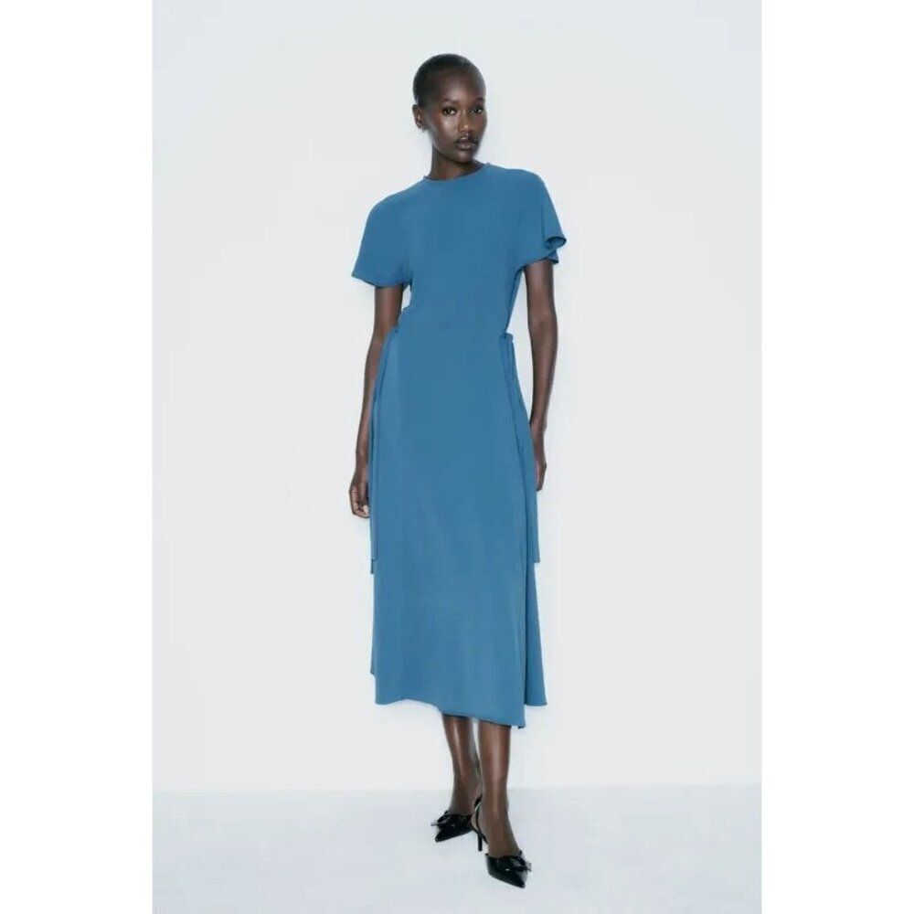Zara Women Flowing Midi Dress Size XL Blue Open Back Flutter Sleeve 0264/670 NWD